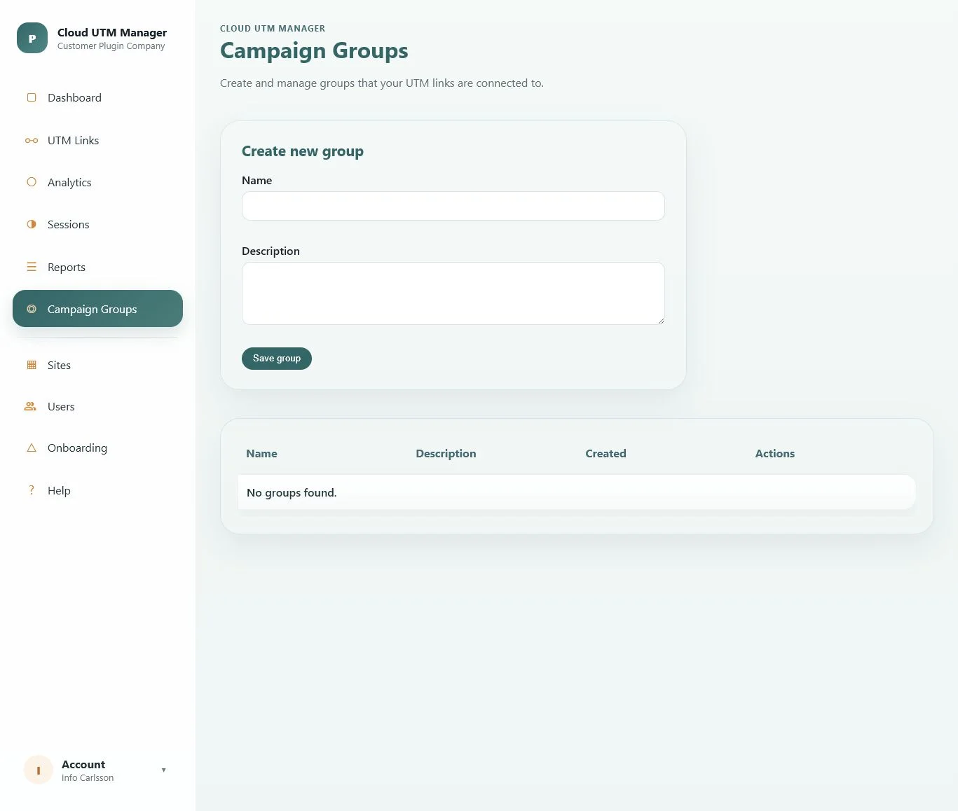 Campaign Groups page with fields for a group name and description