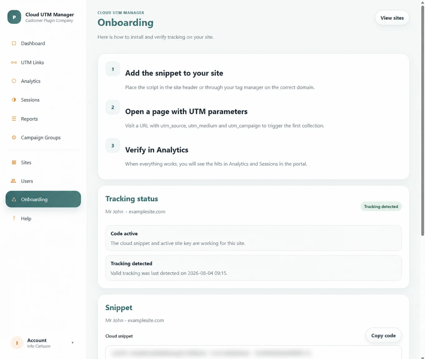 Onboarding page with installation steps, tracking status and a redacted snippet