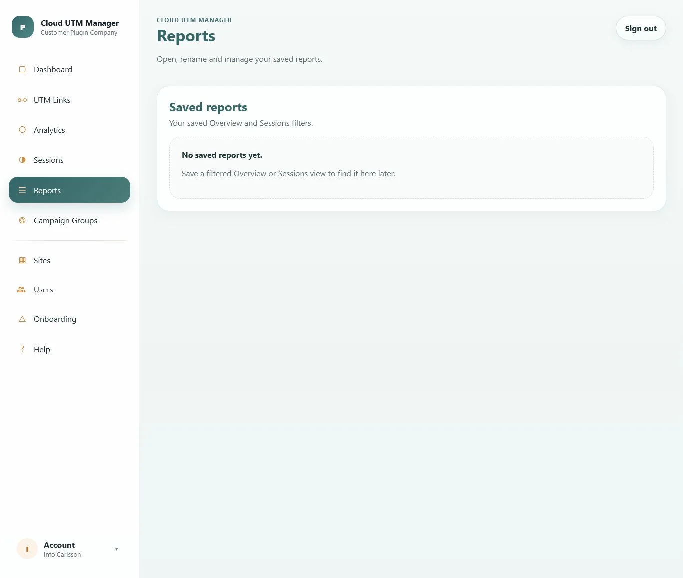 Reports page showing the saved reports area